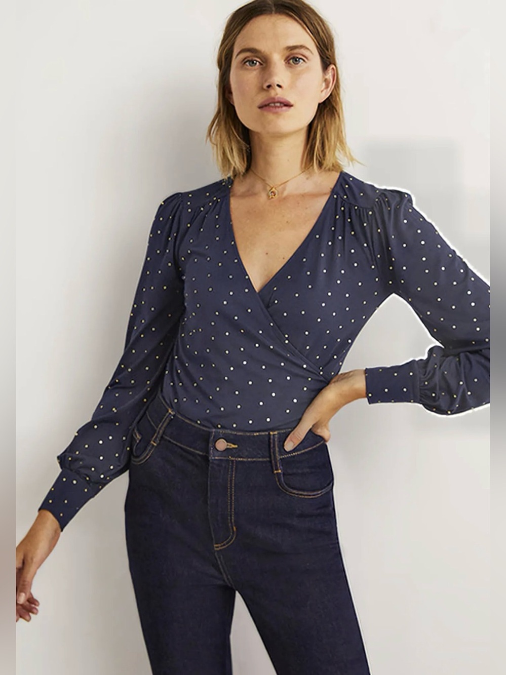 NWT BODEN Blouson Wrap Top Navy blue Gold Polka Dot Size 16/18